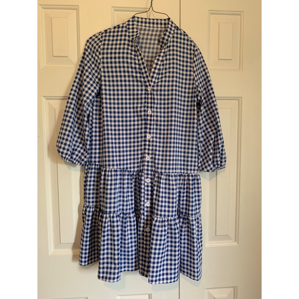 Blue Checker Pattern Flowy Dress
